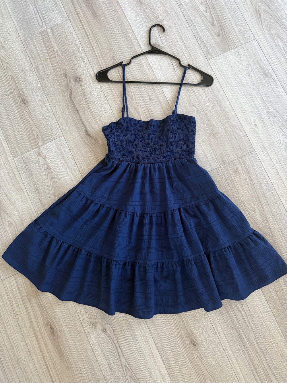 Smocked Navy Tiered Mini Dress with Spaghetti Straps